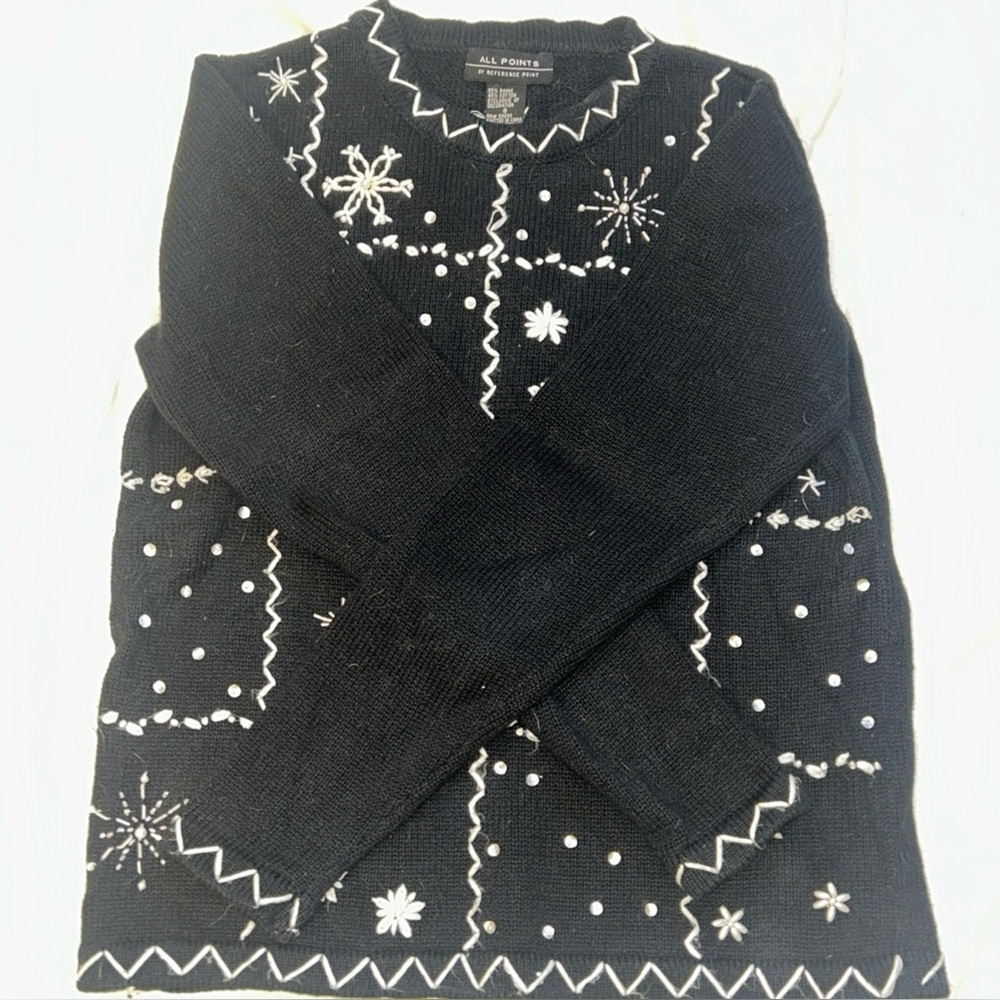 Vintage 90s Black Sweater with White Snowflake beading and sequins.